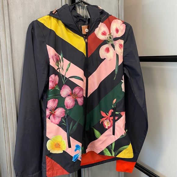 BRAND NEW WITH TAGS! Floral Chevron Hooded Peach Yellow Blue Ted Baker Jacket
